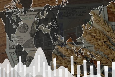 Grain prices. Ears of wheat, money and graph, multiple exposure