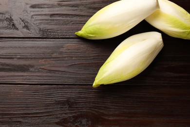 Raw ripe chicories on wooden table, top view. Space for text