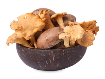 Photo of Bowl of chanterelle and champignon mushrooms isolated on white