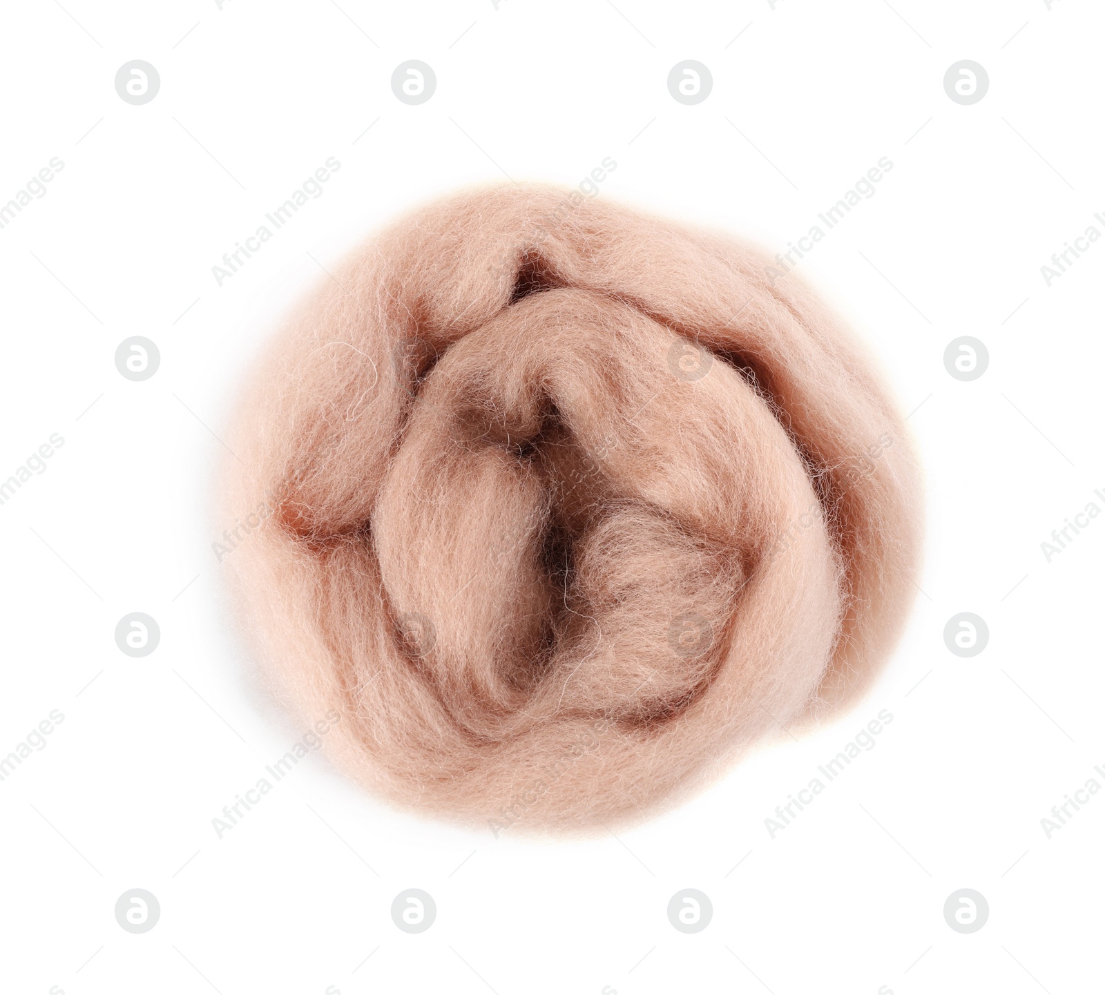 Photo of One beige felting wool isolated on white, top view