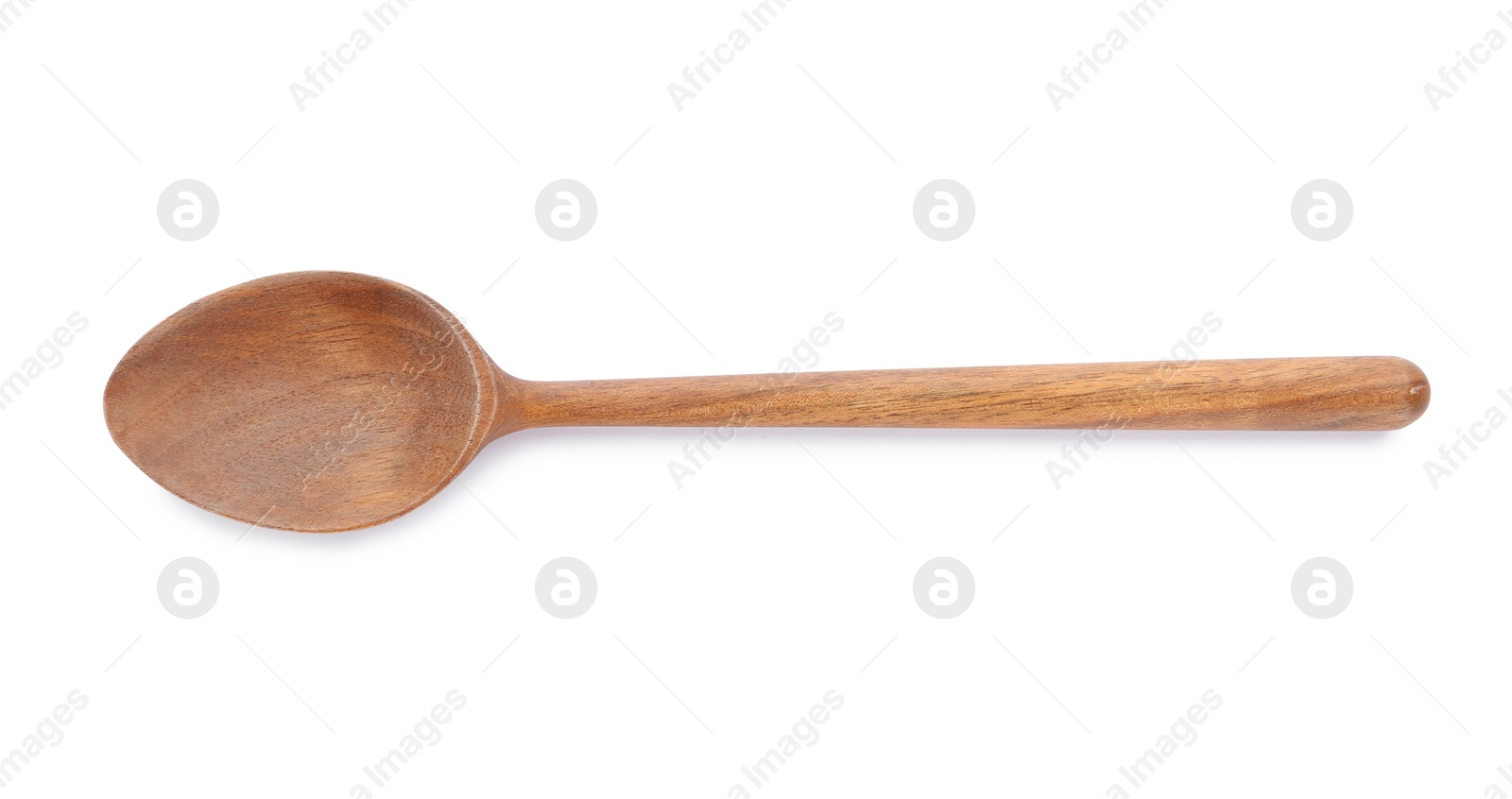 Photo of New clean wooden spoon isolated on white, top view