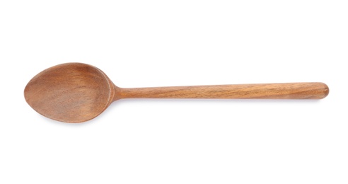 New clean wooden spoon isolated on white, top view