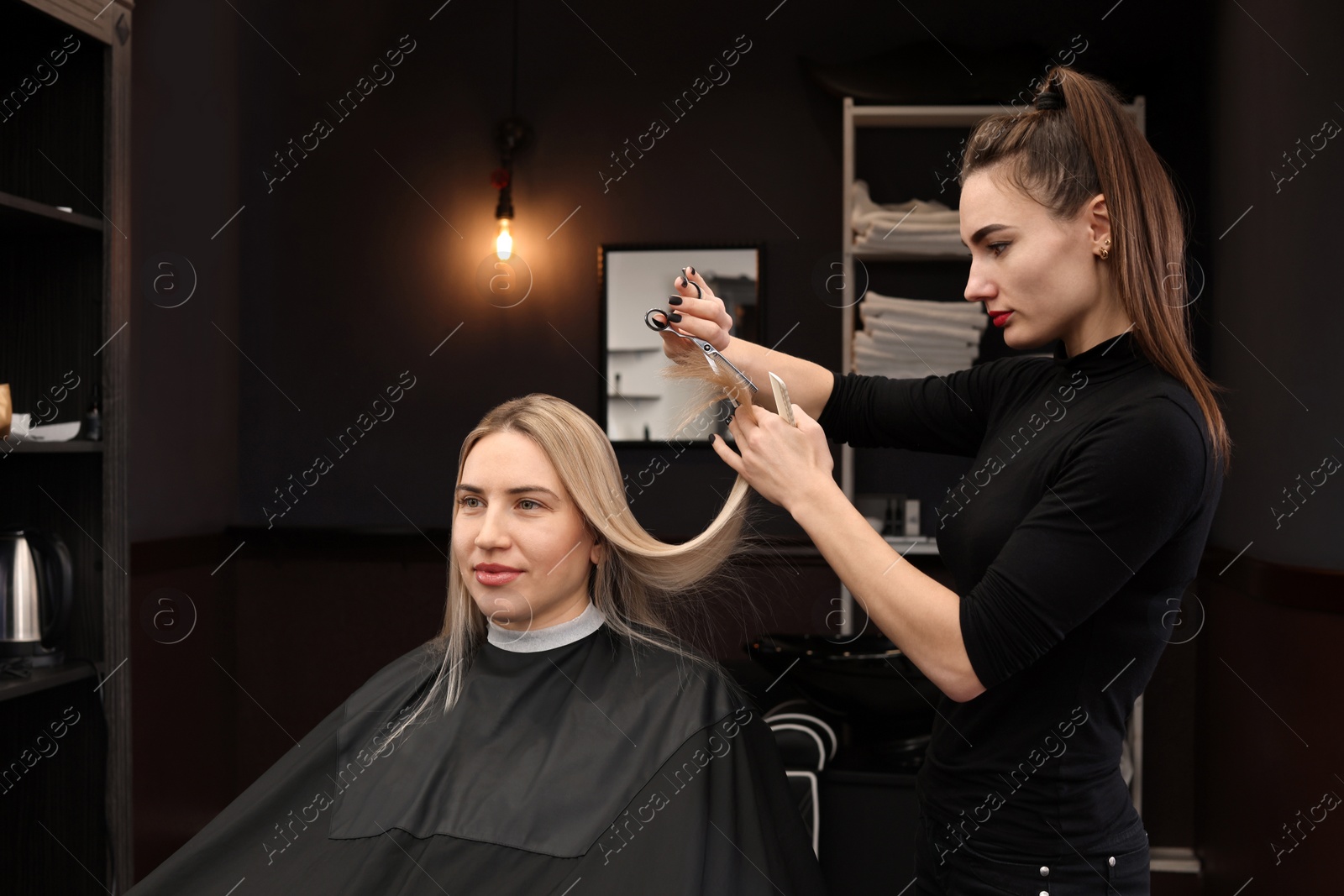 Photo of Professional hairdresser cutting woman's hair in salon