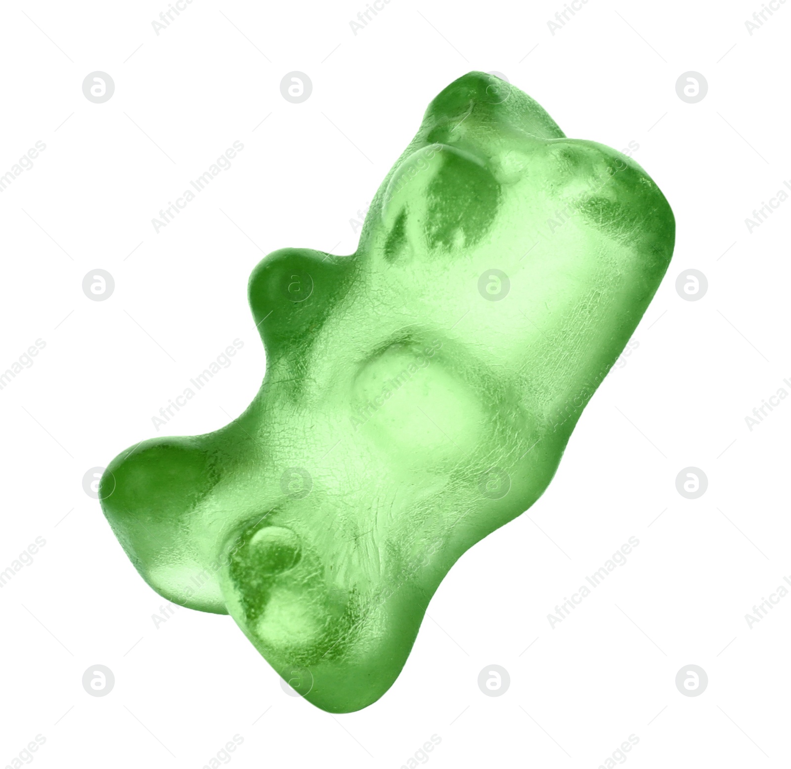 Photo of Delicious green jelly bear on white background