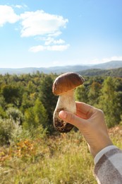 Photo of Man holding fresh wild mushroom on sunny autumn day, closeup