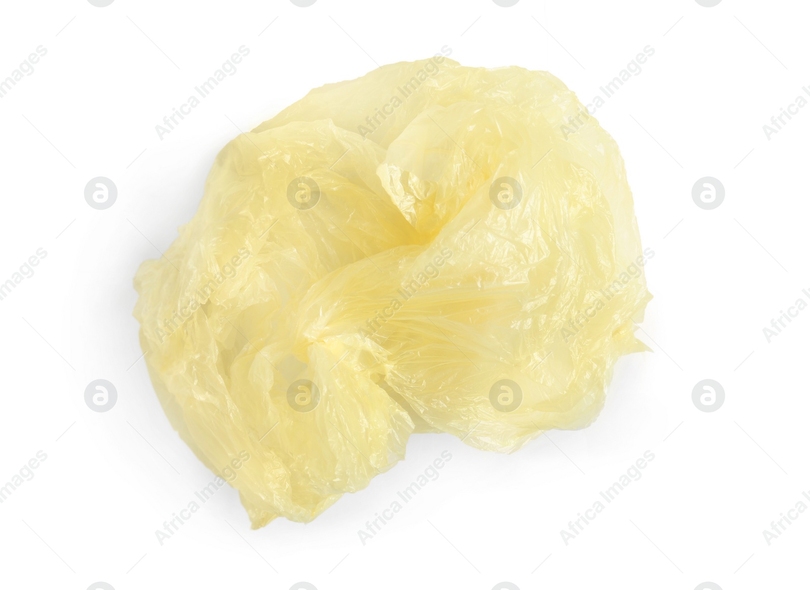 Photo of Crumpled plastic bag isolated on white, top view