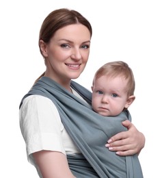 Photo of Mother holding her child in baby wrap on white background