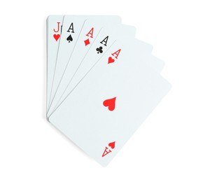 Playing cards with four of kind combination on white background, top view