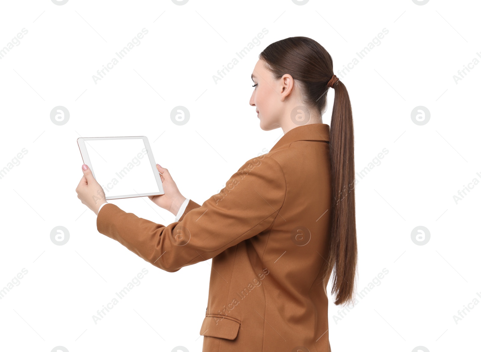 Photo of Woman holding tablet with blank screen on white background. Mockup for design