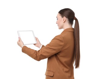 Woman holding tablet with blank screen on white background. Mockup for design