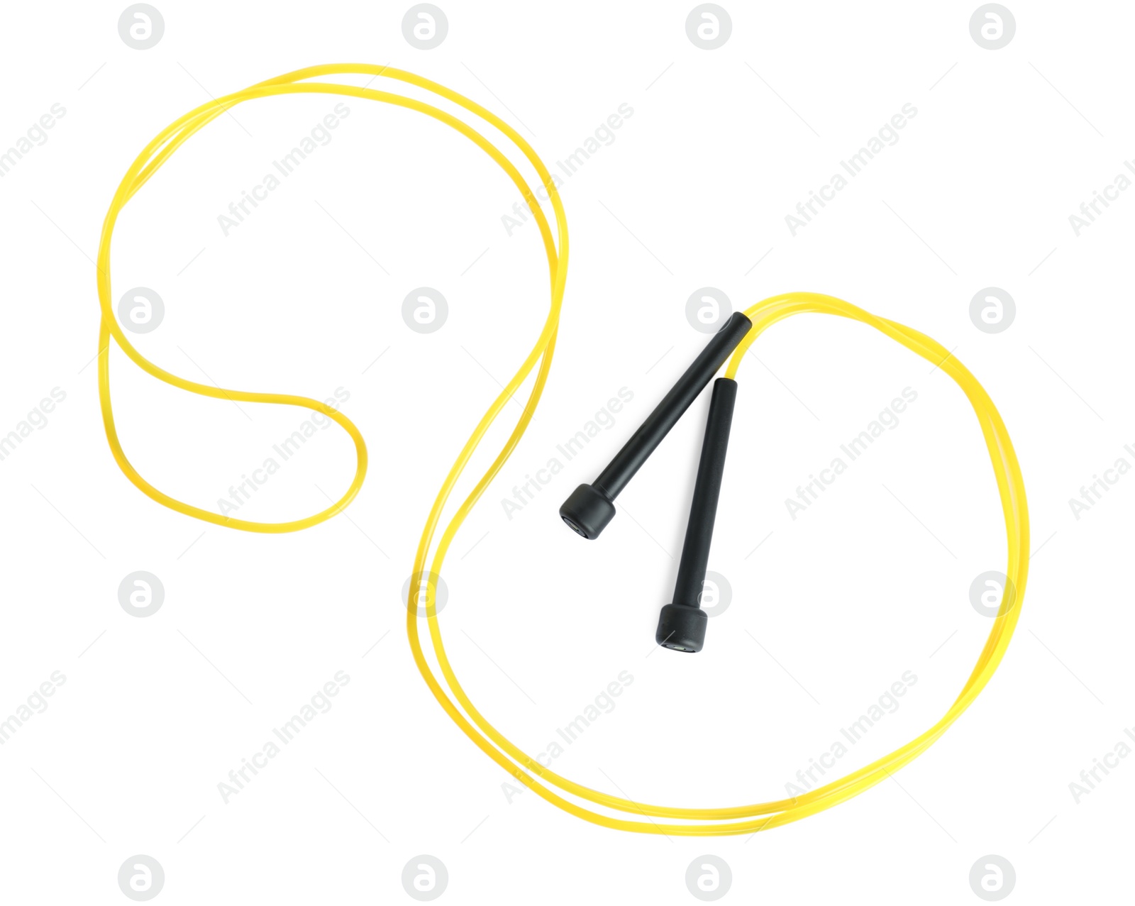 Photo of Yellow skipping rope with black handles isolated on white, top view