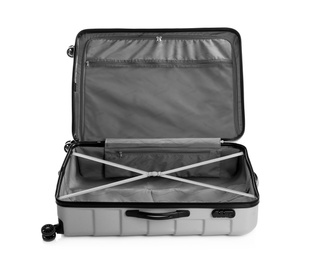 Photo of Open suitcase for travelling on white background