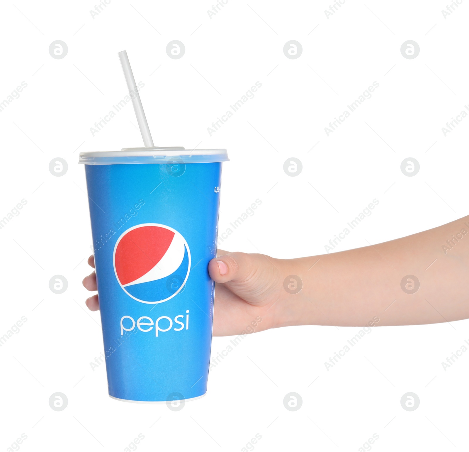 Photo of MYKOLAIV, UKRAINE - JUNE 9, 2021: Woman holding paper Pepsi cup on white background, closeup