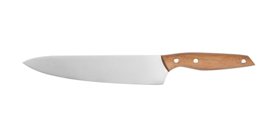 Photo of New clean chef's knife on white background