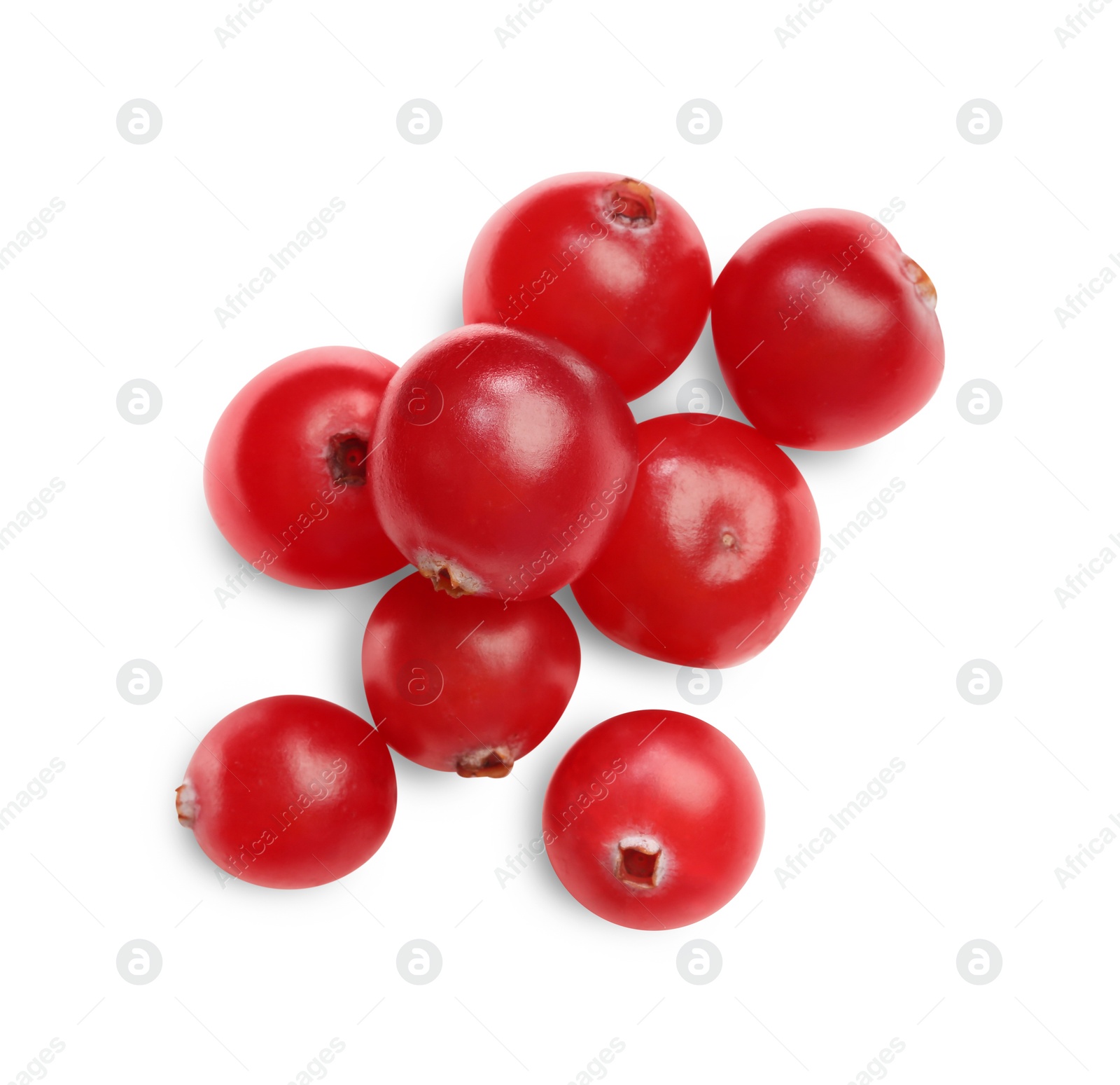 Photo of Fresh ripe cranberries isolated on white, top view