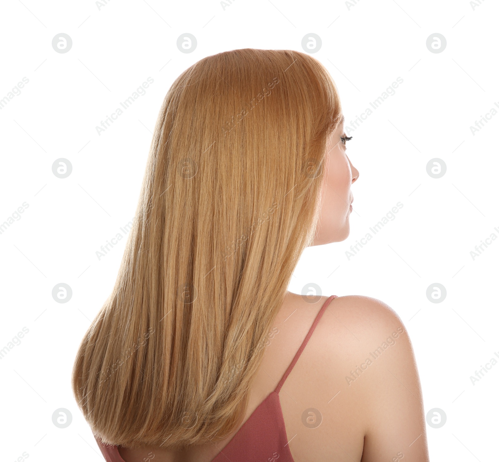 Photo of Beautiful young woman with blonde hair on white background