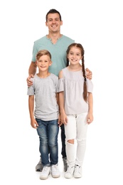 Photo of Father with children on white background. Happy family