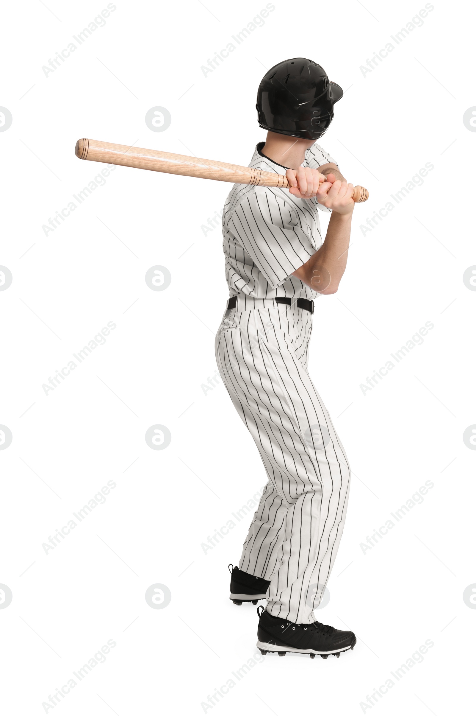 Photo of Baseball player taking swing with bat on white background, back view