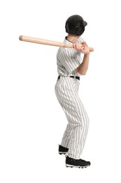 Baseball player taking swing with bat on white background, back view