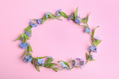 Photo of Frame made of amazing forget-me-not flowers on color background. Space for text