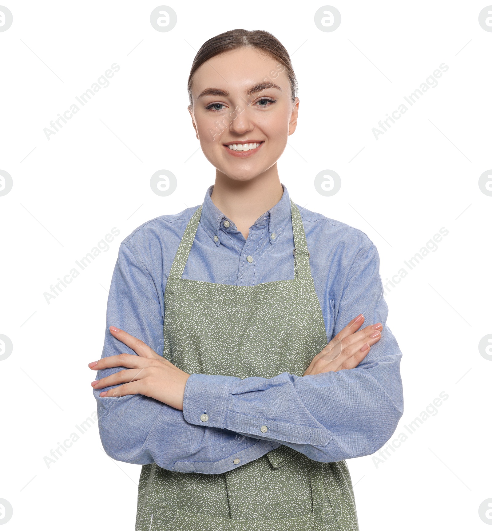 Photo of Beautiful young woman in clean apron on white background