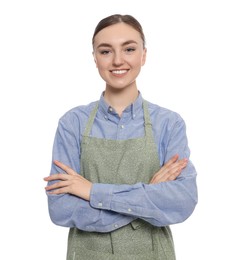 Photo of Beautiful young woman in clean apron on white background