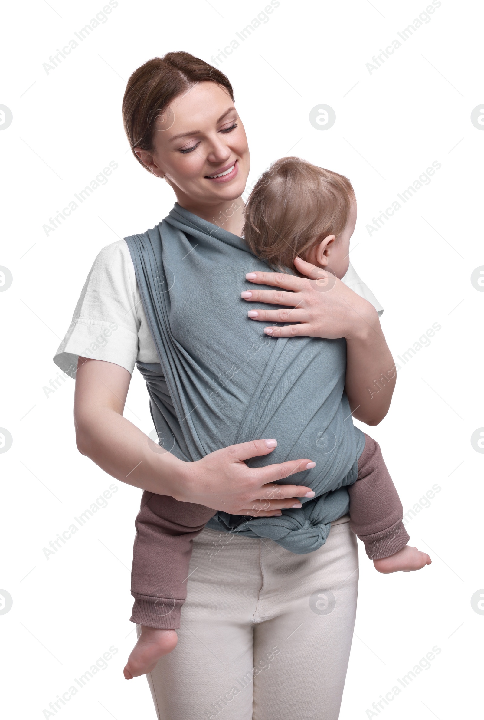 Photo of Mother holding her child in baby wrap on white background