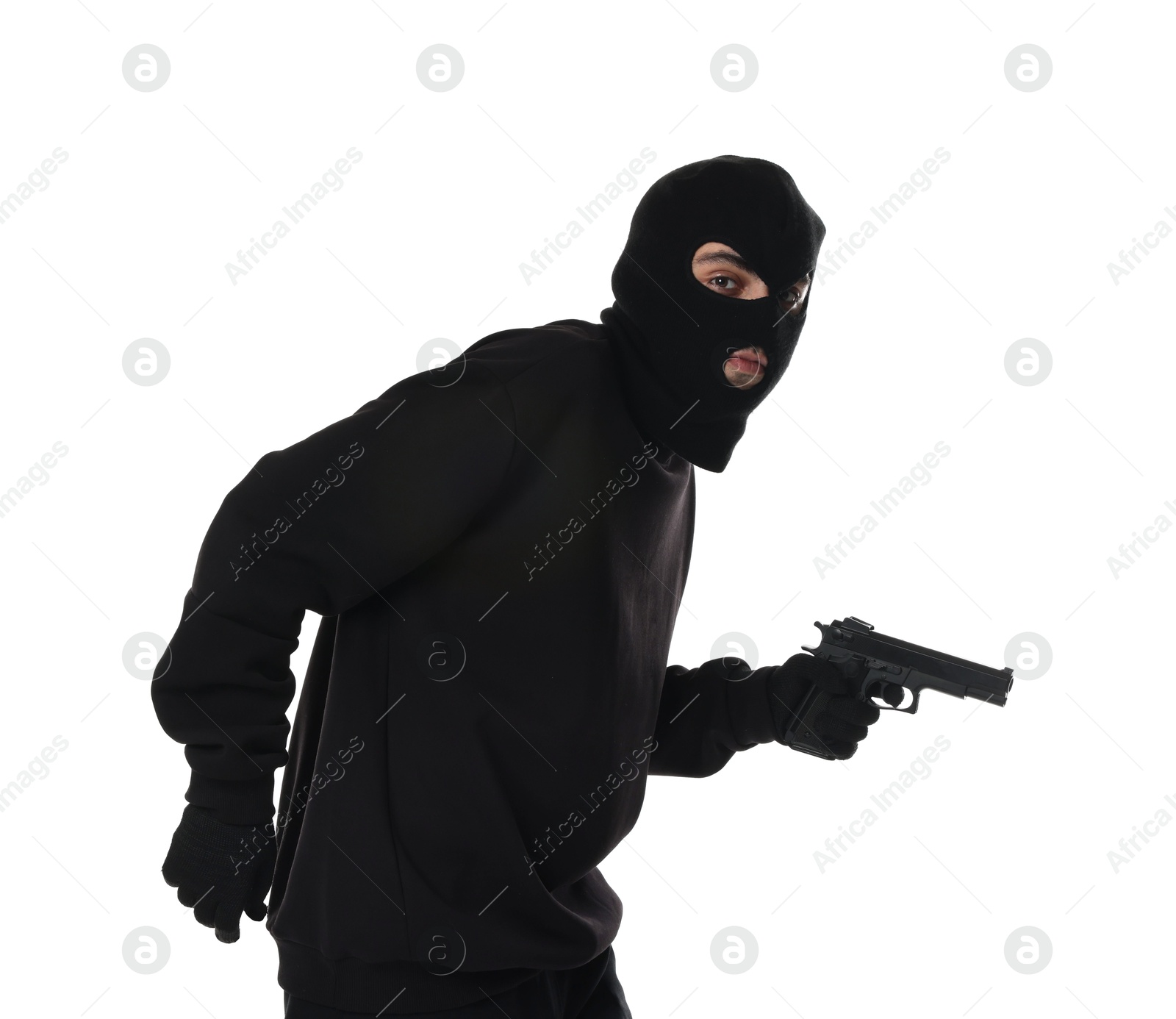 Photo of Thief in balaclava with gun on white background