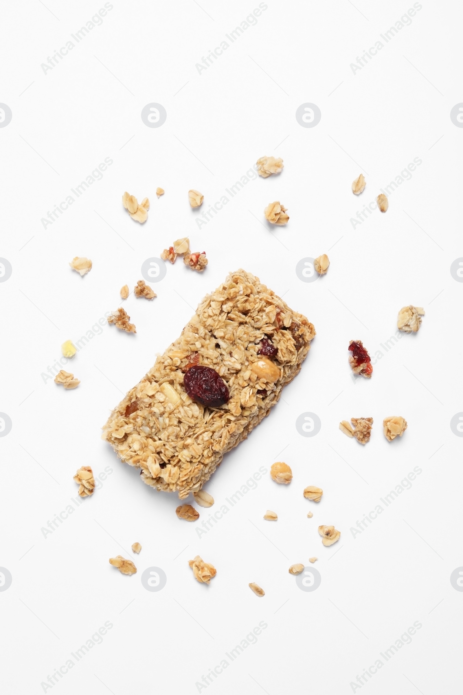 Photo of Tasty granola bar on white background, top view