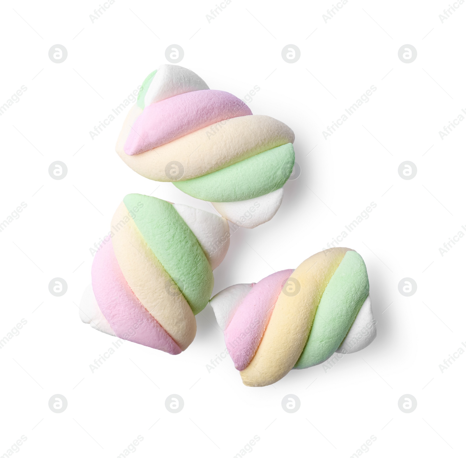 Photo of Delicious colorful marshmallows on white background, top view