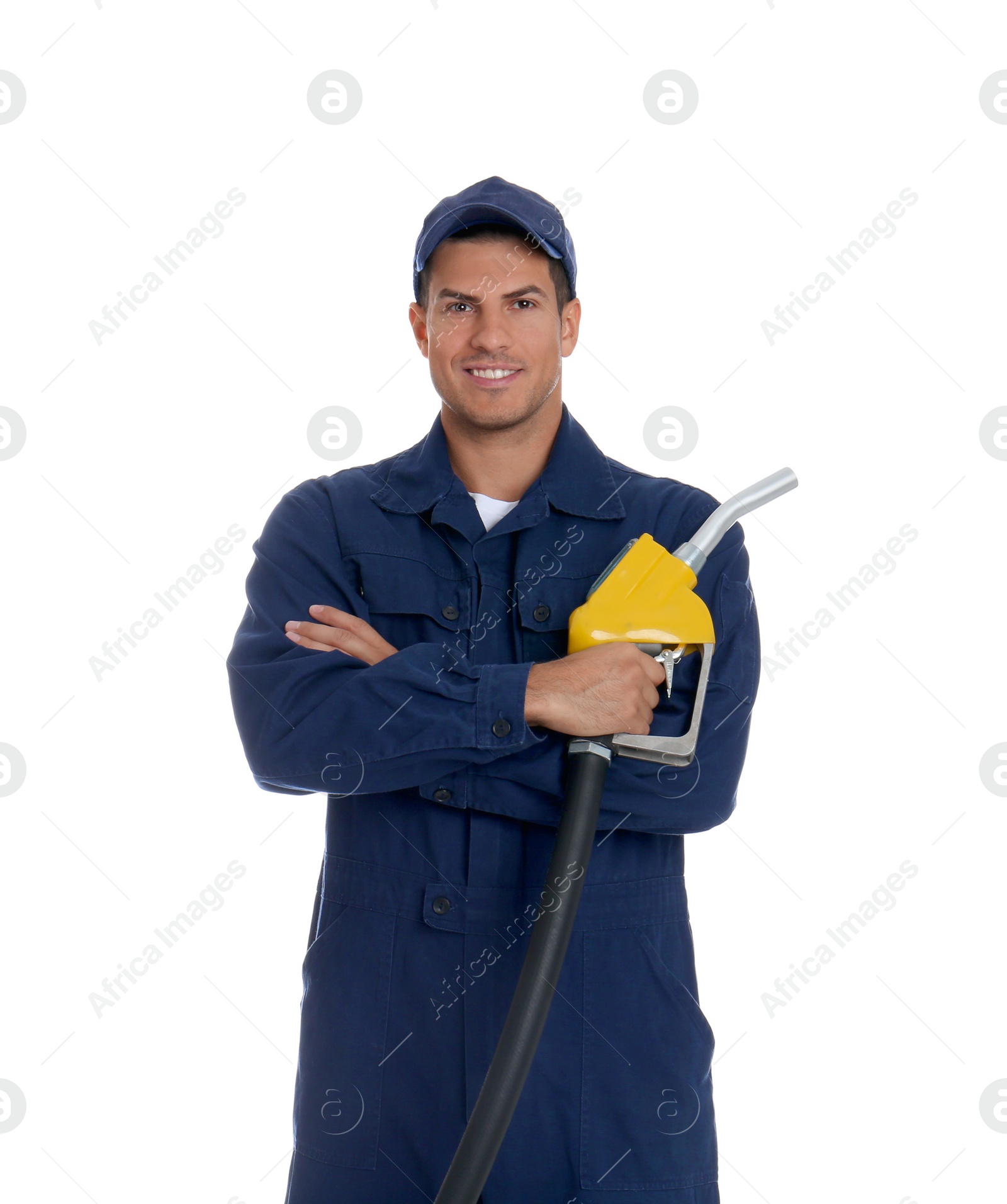 Photo of Gas station worker with fuel nozzle on white background