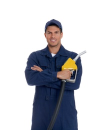 Gas station worker with fuel nozzle on white background