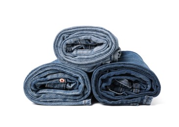 Image of Different stylish rolled jeans isolated on white