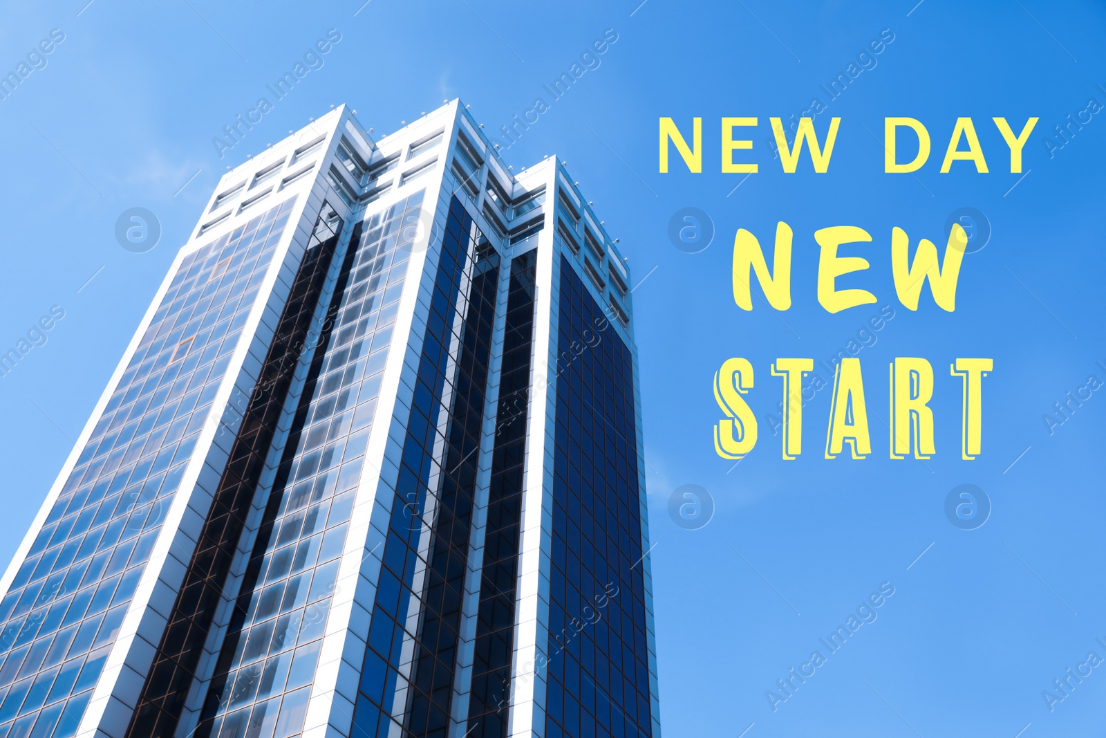 Image of Inspirational text New Day New Start and modern building against blue sky