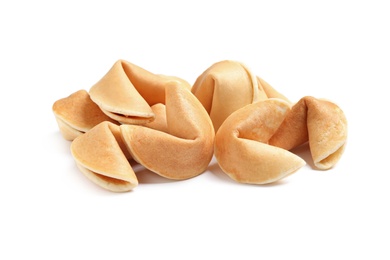 Photo of Tasty traditional fortune cookies on white background