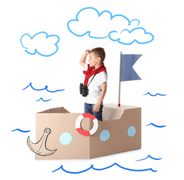 Image of Cute little boy playing in cardboard ship on white background with illustrations