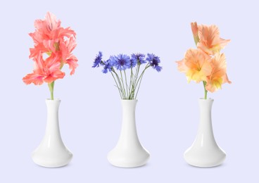 Image of Collage of stylish vase with different bouquets on light grey background