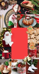 Image of Photos of Christmas holidays combined into collage. Vertical banner design with space for text