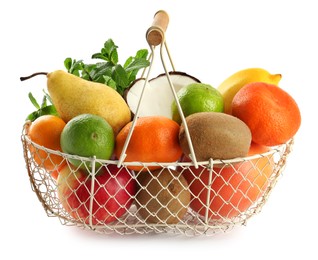 Metal basket with different ripe fruits on white background