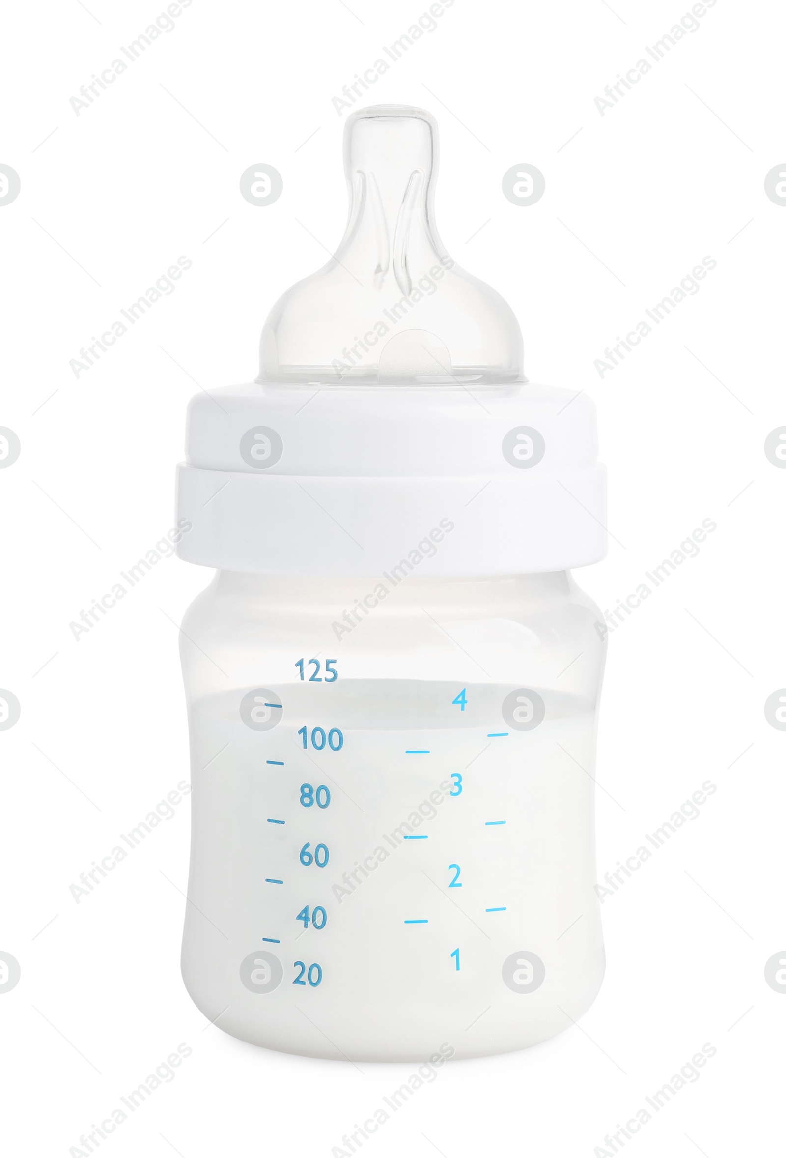 Photo of Feeding bottle with dairy free infant formula on white background