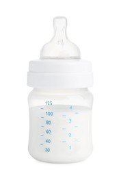 Feeding bottle with dairy free infant formula on white background