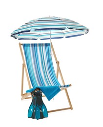 Open blue striped beach umbrella, deck chair, towel and flippers on white background