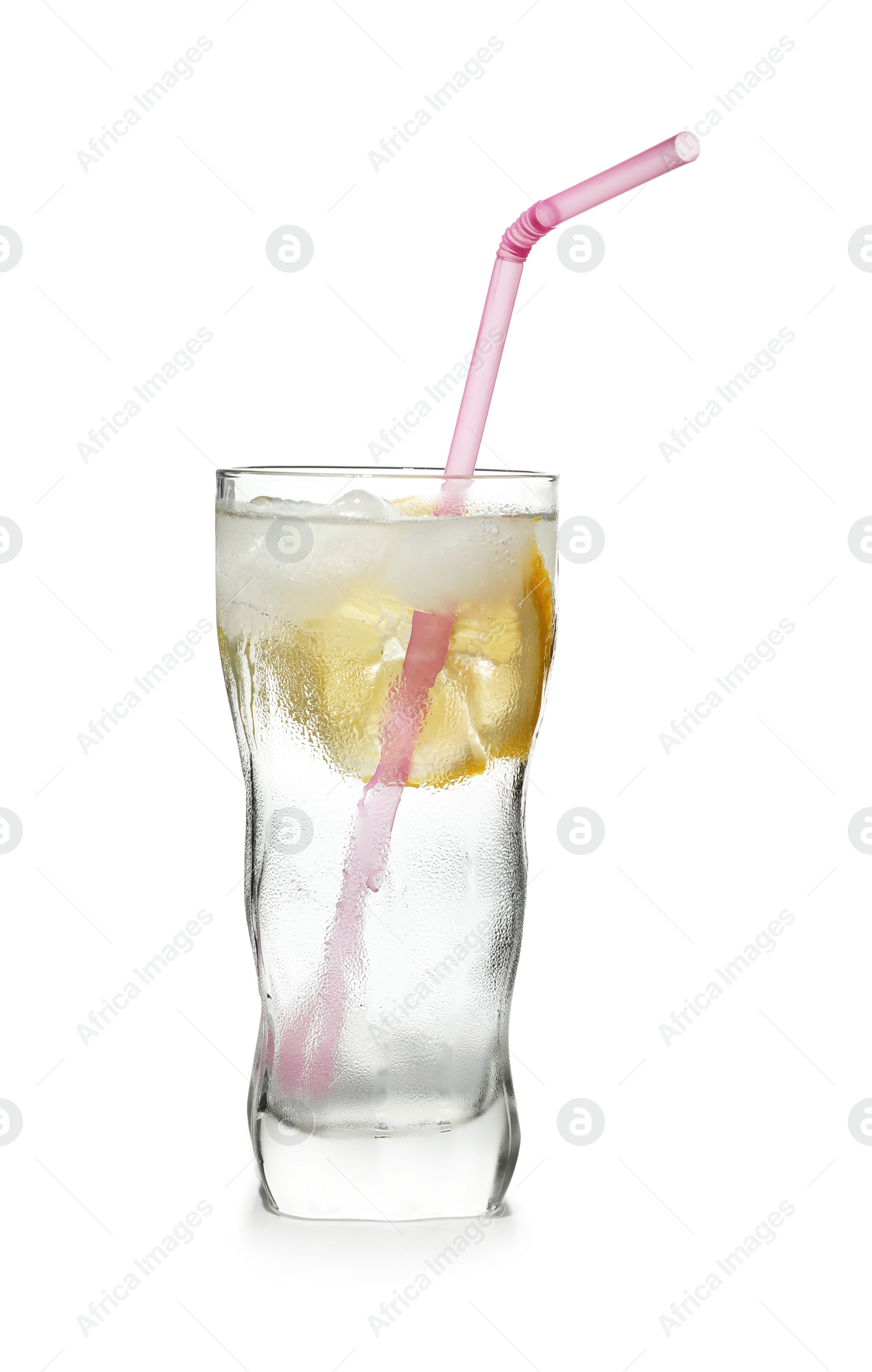 Photo of Glass of water with lemon, ice and straw on white background. Refreshing drink