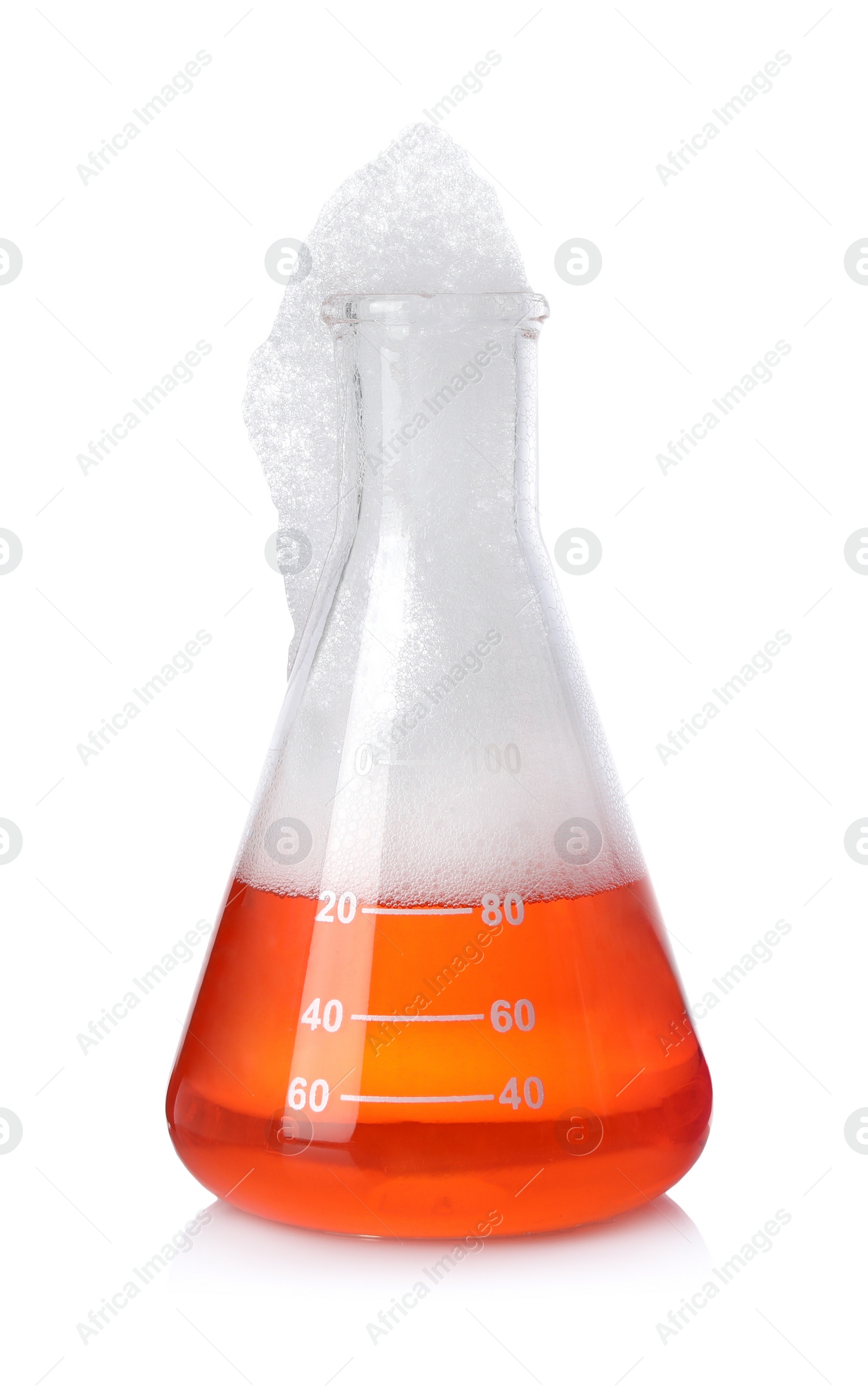 Photo of Laboratory flask with colorful liquid isolated on white. Chemical reaction