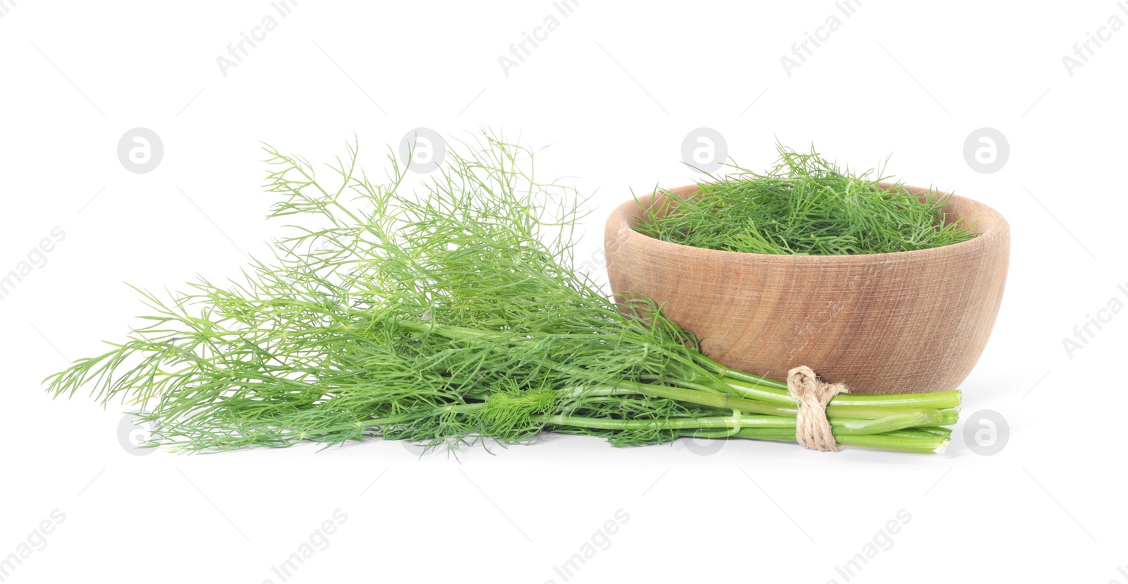 Photo of Bowl and bunch of fresh dill isolated on white