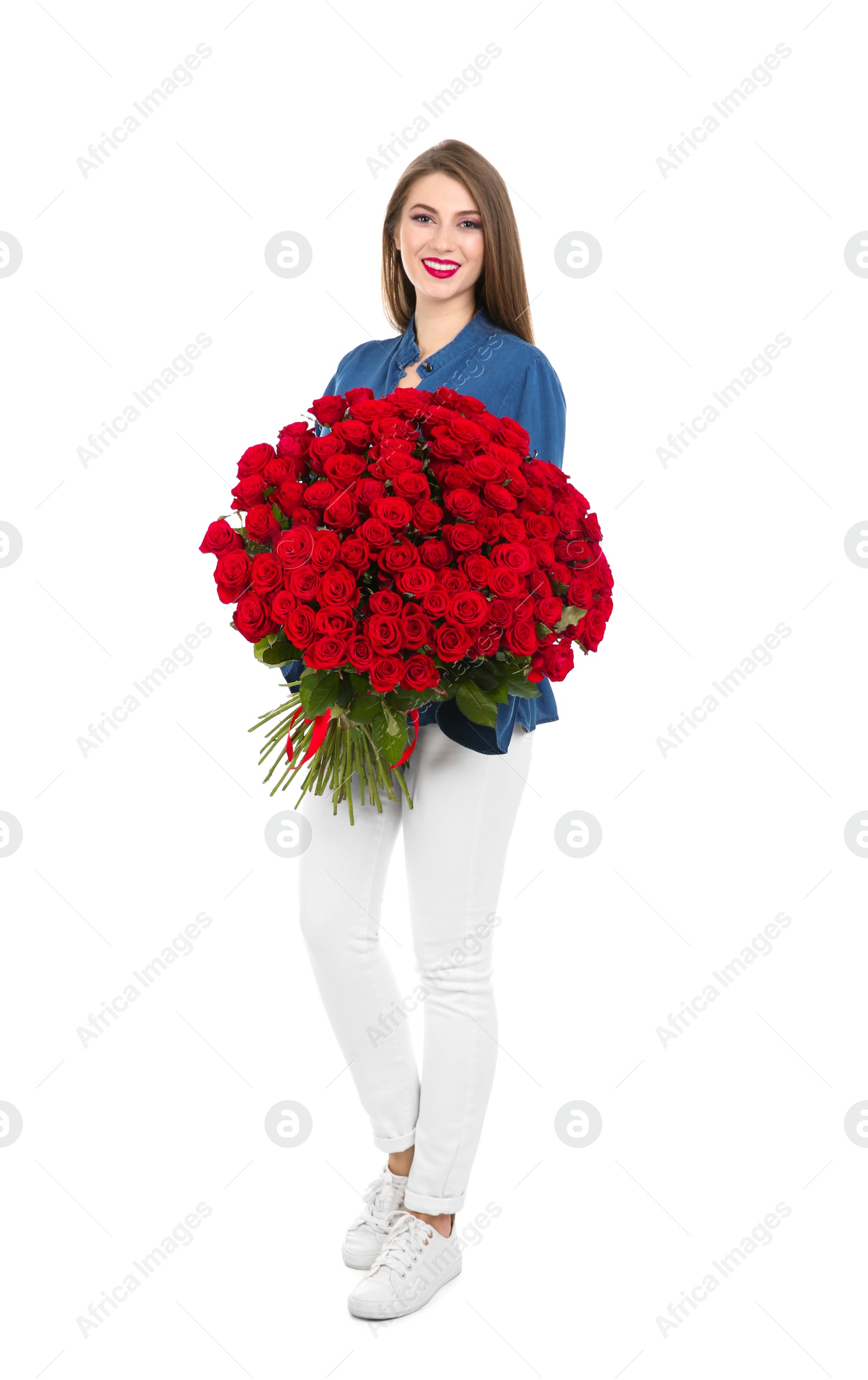 Photo of Full length portrait of beautiful woman with bouquet of roses on white background