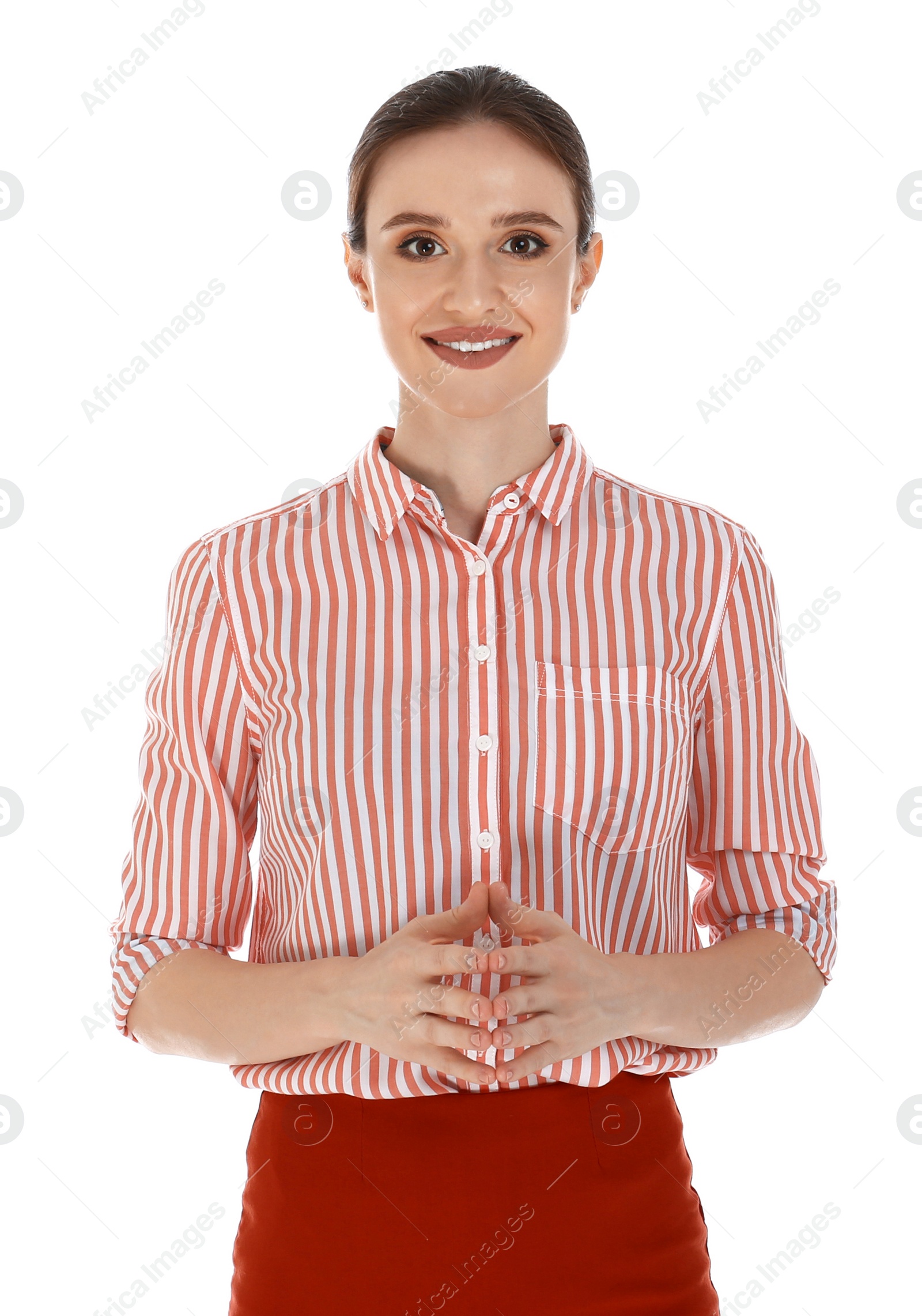 Photo of Professional business trainer posing on white background