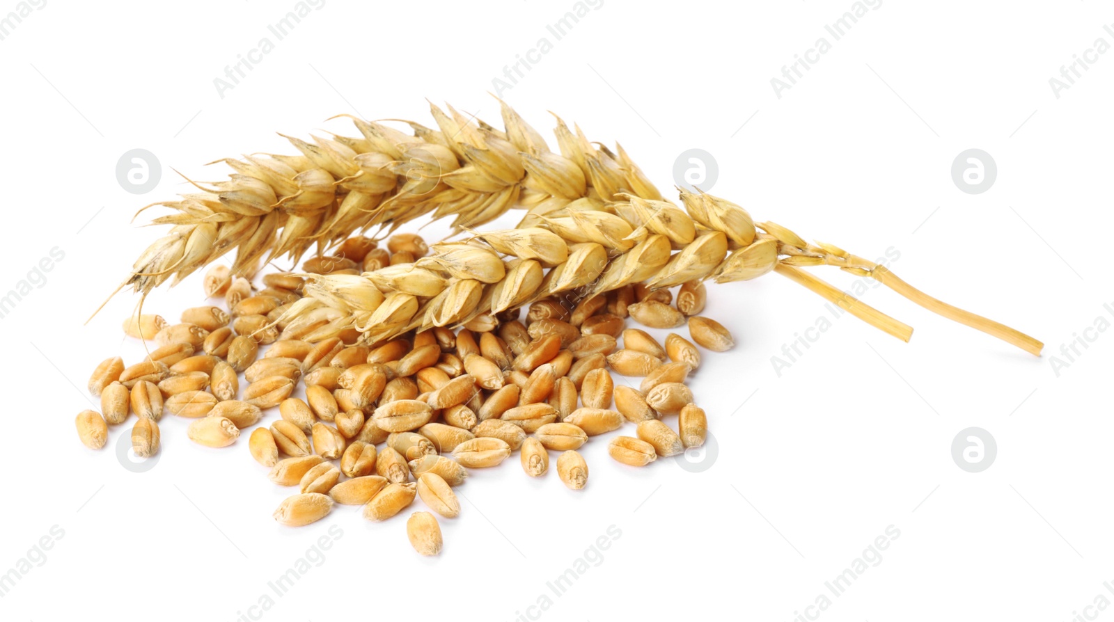 Photo of Pile of wheat grains and spikes on white background