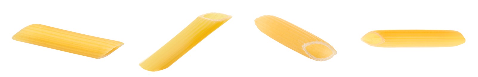 Image of Raw penne pasta isolated on white, set