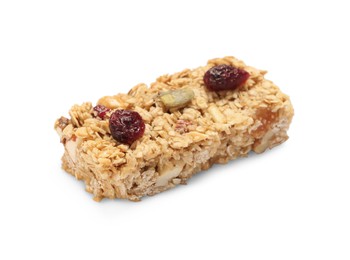 Photo of Tasty granola bar with berries isolated on white